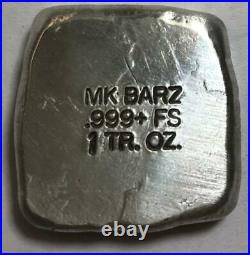 MK BarZ 1 Troy Oz. SKULL POSTAGE STAMP. 999 Fine Silver HAND POURED BAR