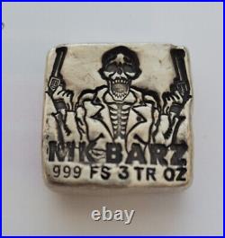 MK Barz 3oz Silver Skeleton, Six Shooter Pistols Guns Up, Collectible Ingot
