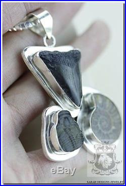 Megalodon Shark Teeth Tooth Trilobite Ammonite Fossil 925 Solid Silver Pendant