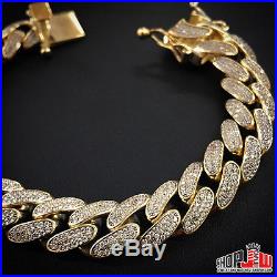 Mens Gold Finish. 925 Silver Simulated Diamond Bracelet Cuban Link Solid Hip Hop