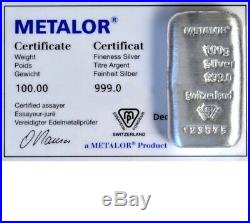 Metalor 100g Gram Pure Silver Solid Cast Bar Investment Grade Bullion BRAND NEW