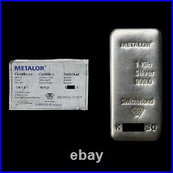 Metalor Silver Bullion Bar Solid Silver 1 Kilo One KG 999.00 With Certificate