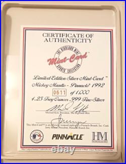 Mickey Mantle 1992 Pinnacle Highland Mint 4.25 Oz. 999 Silver Yankees