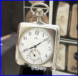 Museum Antique C1908 Omega Bobsleigh Solid Silver Square Pocket Watch Rare Hand