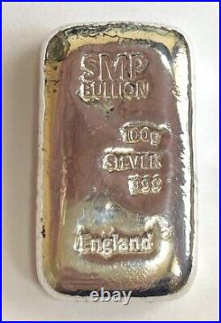 NEW SMP Bullion England 100 gram Solid. 999 Silver Bar FREE P&P 001