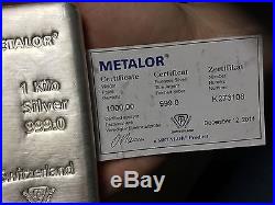 New 1 kg X1000 Grm Solid 999.0 Solid Silver Bar Metalor & Certificate Quality