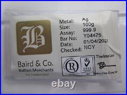 ONE Baird 100g 100 gram Solid Silver Bullion Bar. 9999 Purity with Certificate