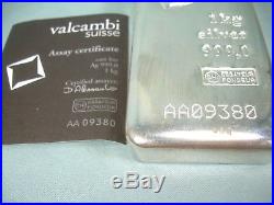 ONE KILO Solid 999 Silver Bar & VALCAMBI Suisse Assay EUR Fondeur Certificate