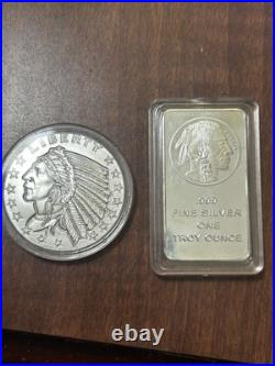One troy ounce round Indian with eagle and one troy ounce square bar Indian Buff