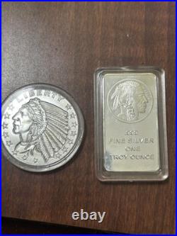 One troy ounce round Indian with eagle and one troy ounce square bar Indian Buff