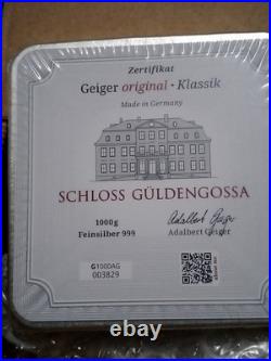 Original 1000g of. 999 silver geiger square bar in original packaging with coa