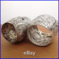 Pair Antique Chinese HEAVY Solid Silver Bracelets BangleS Cuffs Dragons pearls