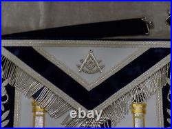 Past Master Masonic Apron Silver Bullion with Square Stairs Blue Satin Pocket NEW
