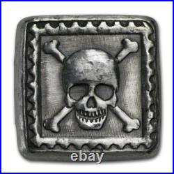 Poured 1 oz. 999 silver square hi relief antiqued skull & crossbones MKBarz