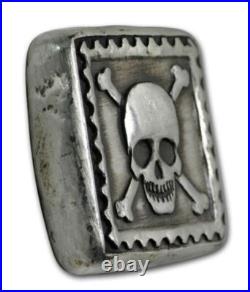 Poured 1 oz. 999 silver square hi relief antiqued skull & crossbones MKBarz Poured 1 oz. 999 silver square hi relief antiqued skull & crossbones MKBarz