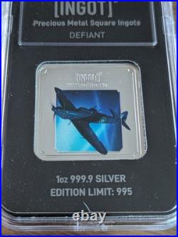 RAF Defiant SILVER Square INGOT Lion & Unicorn 1oz 999.9 Silver (Limited 995)