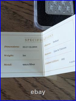 RAF Defiant SILVER Square INGOT Lion & Unicorn 1oz 999.9 Silver (Limited 995)