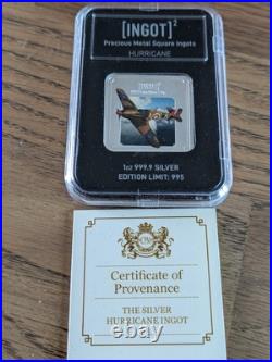 RAF Hurricane SILVER Square INGOT Lion & Unicorn 1oz 999.9 Silver (Limited 995)