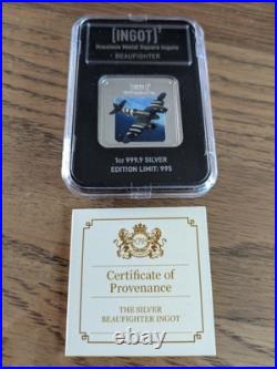 RAF beaufighter SILVER Square INGOT Lion & Unicorn 1oz 999.9 Silver Limited 995