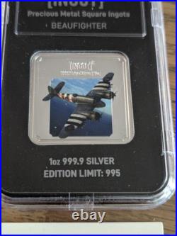 RAF beaufighter SILVER Square INGOT Lion & Unicorn 1oz 999.9 Silver Limited 995