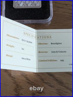 RAF beaufighter SILVER Square INGOT Lion & Unicorn 1oz 999.9 Silver Limited 995