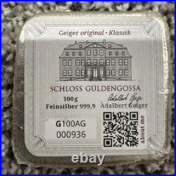 RARE! 100 gram Silver Bar Geiger Edelmetalle (Original Square Assay) Serial #