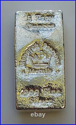 RARE Monarch Precious Metals 5 Troy Ounces 999 Pure Solid Silver Old Pour Bar