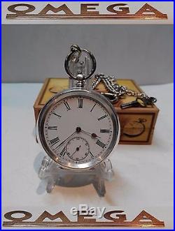 Rare Antique Swiss Pocket Watch Omega 1895 Key Wind Solid Silver 935 Box Chain