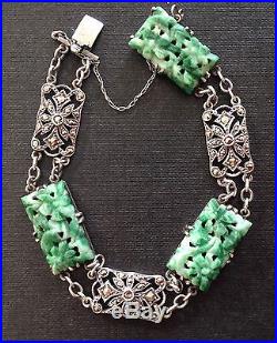 Rare, Exquisite, Authentic Art Deco Solid Silver & Chinese Carved Jade Bracelet