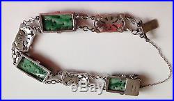Rare, Exquisite, Authentic Art Deco Solid Silver & Chinese Carved Jade Bracelet