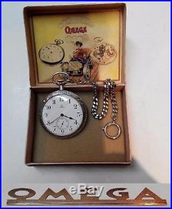 Rare Swiss Made Pocket Watch Omega Open Face. 900 Solid Silver Nielo Box Chain