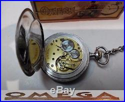Rare Swiss Made Pocket Watch Omega Open Face. 900 Solid Silver Nielo Box Chain