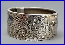 Rare Victorian SOLID SILVER Woodland HUNTING SCENE Bangle Dogs, Deer, Pheasant