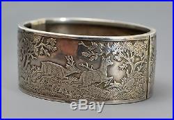 Rare Victorian SOLID SILVER Woodland HUNTING SCENE Bangle Dogs, Deer, Pheasant
