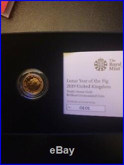 Royal mint lunar year of the pig proof gold coin. 1/10 of an ounce of solid gold