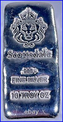 Scottsdale Mint 10 Troy Oz. Fine Cast Silver Bullion 999 Solid Chunky Loaf Bar