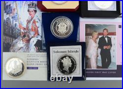 Set 10 Solid Silver Proof Coins Elizabeth II 0.925 Crown 1 oz 5 Pounds 5 Dollars