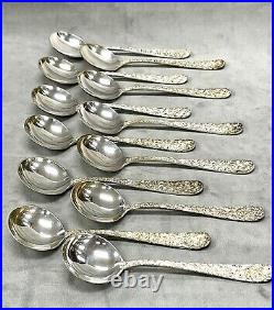 Set Of 12 Stieff Sterling Repousse Round Bowl Bullion Spoons 5.5