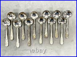 Set Of 12 Stieff Sterling Repousse Round Bowl Bullion Spoons 5.5