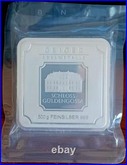 Silver 500 gram Geiger Edelmetalle Square Bar-Factory Sealed Serial # A0238492