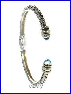 Solid 925 Sterling Silver & 14K Gold Blue Topaz Hinged Cuff Bracelet