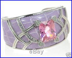 Solid 925 Sterling Silver Pink & Clear CZ Lavender Leather Cuff Bracelet