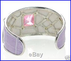 Solid 925 Sterling Silver Pink & Clear CZ Lavender Leather Cuff Bracelet