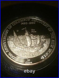 Solid Silver 20 Crown Coin1992 Turks & Caicos 500yrs Anniversary New World Pinta