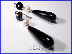 Solid Silver Onyx Pearl Deco Drop Earrings