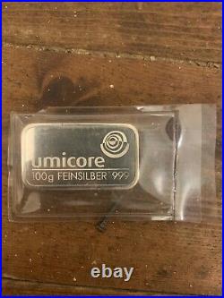 Solid Silver Sealed 100 Gram 999 Silver Umicore Ingot Sealed