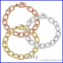 Solid Sterling Silver Fancy Cable Link Women's Fashion Chain Bracelet 925 Italy