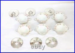 Sterling Silver Set of 6 Boullion Bowls withLids and Porcelain Inserts