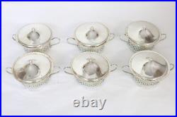 Sterling Silver Set of 6 Boullion Bowls withLids and Porcelain Inserts