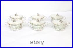 Sterling Silver Set of 6 Boullion Bowls withLids and Porcelain Inserts